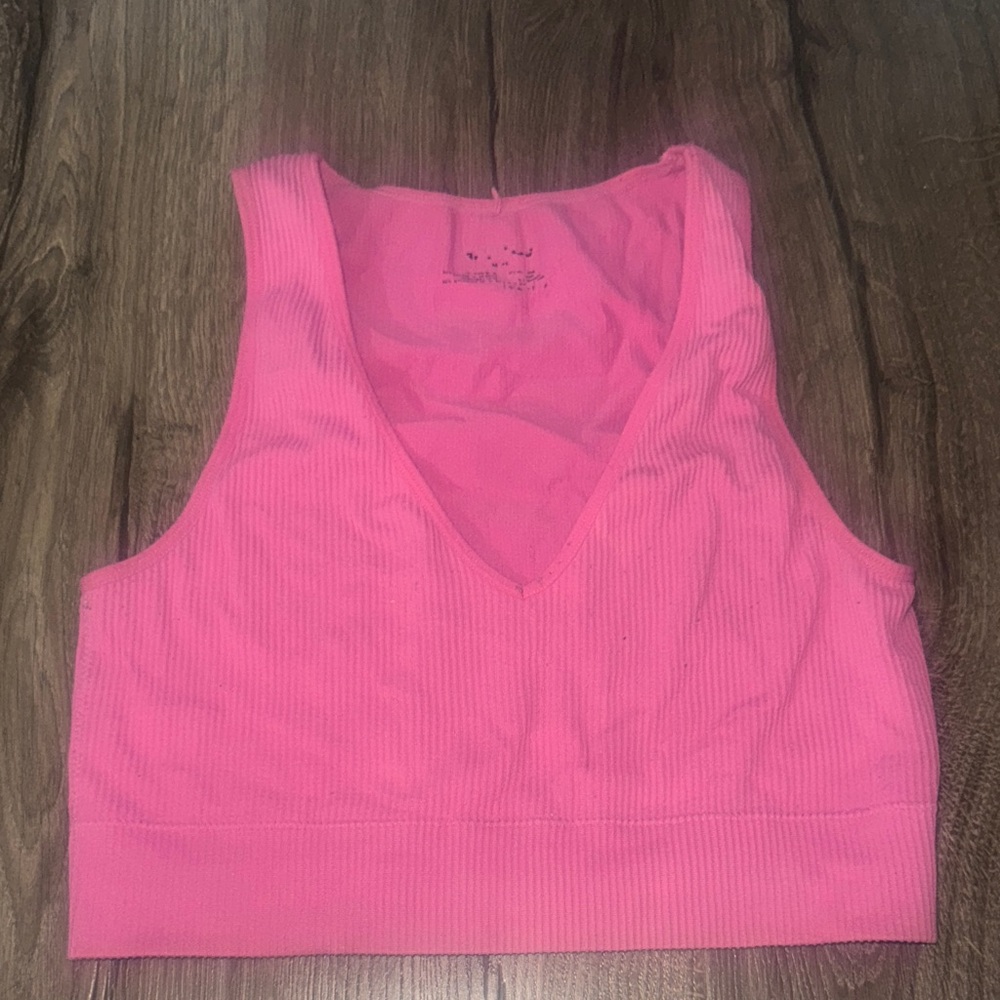 Garage Bright Pink Ribbed V-Neck Crop Top